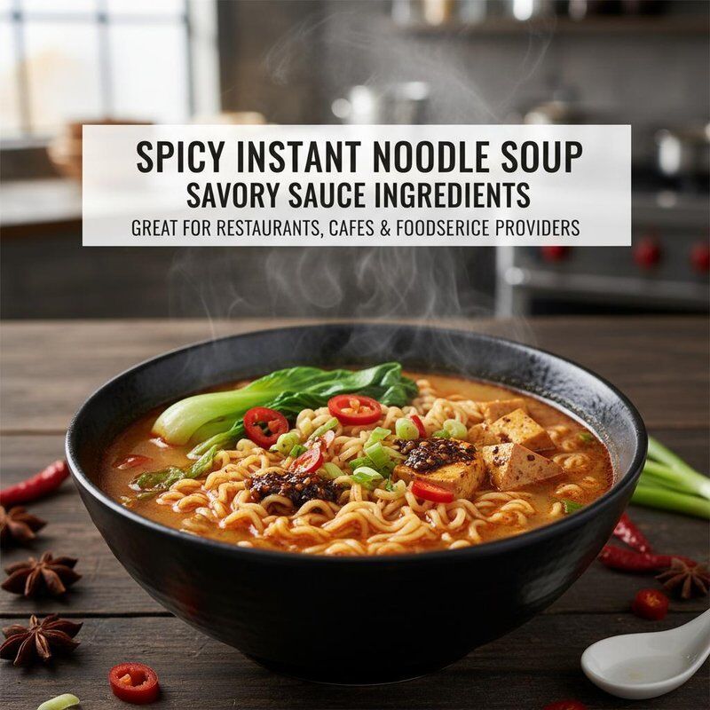 Sopa de fideos instantáneos picantes preparada con ingredientes de salsa sabrosa, ideal para restaurantes, cafeterías y proveedores de servicios de comida